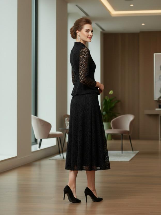 Elegant Lace Peplum Top and A-Line Midi Skirt Set with Mandarin Collar