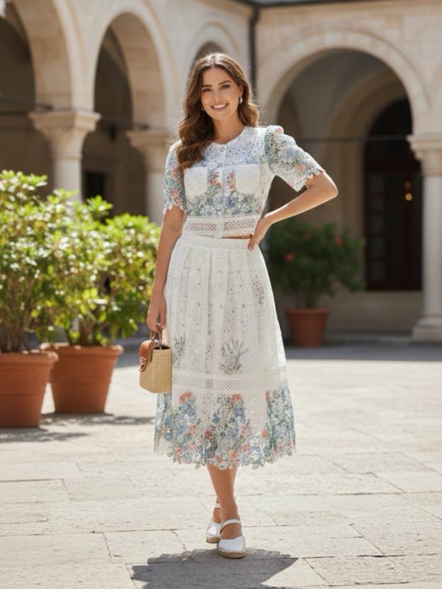 Floral Eyelet Lace Two-Piece Skirt Set - Short Sleeve Crop Top & Midi Skirt