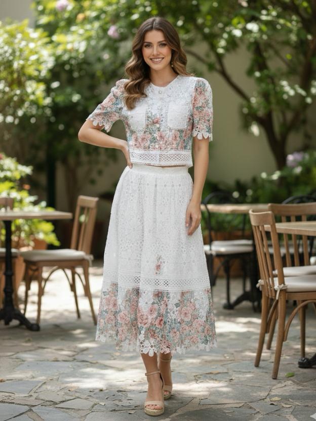 Floral Eyelet Lace Two-Piece Skirt Set - Short Sleeve Crop Top & Midi Skirt