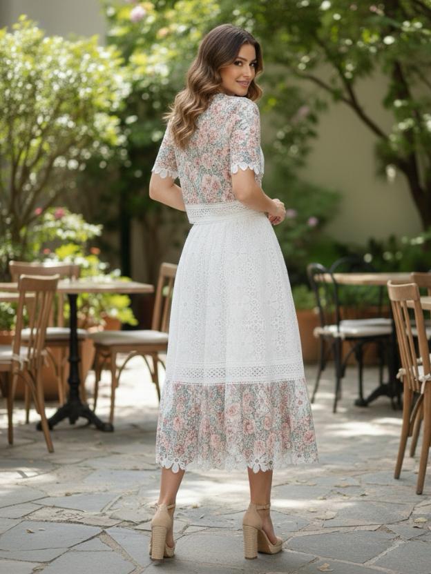 Floral Eyelet Lace Two-Piece Skirt Set - Short Sleeve Crop Top & Midi Skirt