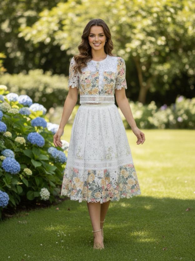 Floral Eyelet Lace Two-Piece Skirt Set - Short Sleeve Crop Top & Midi Skirt