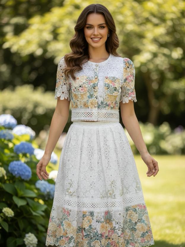 Floral Eyelet Lace Two-Piece Skirt Set - Short Sleeve Crop Top & Midi Skirt