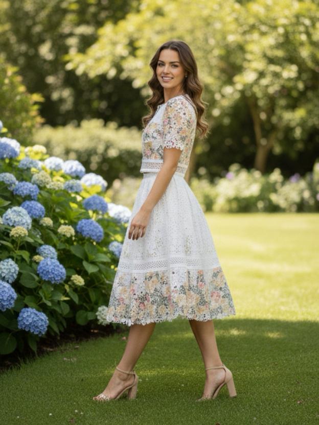 Floral Eyelet Lace Two-Piece Skirt Set - Short Sleeve Crop Top & Midi Skirt