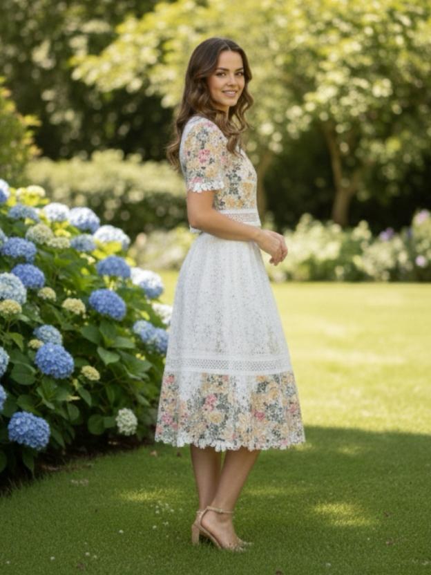 Floral Eyelet Lace Two-Piece Skirt Set - Short Sleeve Crop Top & Midi Skirt
