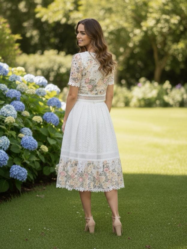 Floral Eyelet Lace Two-Piece Skirt Set - Short Sleeve Crop Top & Midi Skirt