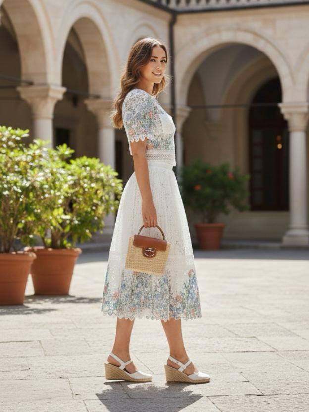 Floral Eyelet Lace Two-Piece Skirt Set - Short Sleeve Crop Top & Midi Skirt