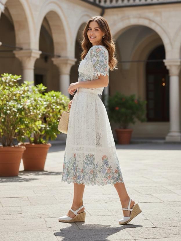 Floral Eyelet Lace Two-Piece Skirt Set - Short Sleeve Crop Top & Midi Skirt
