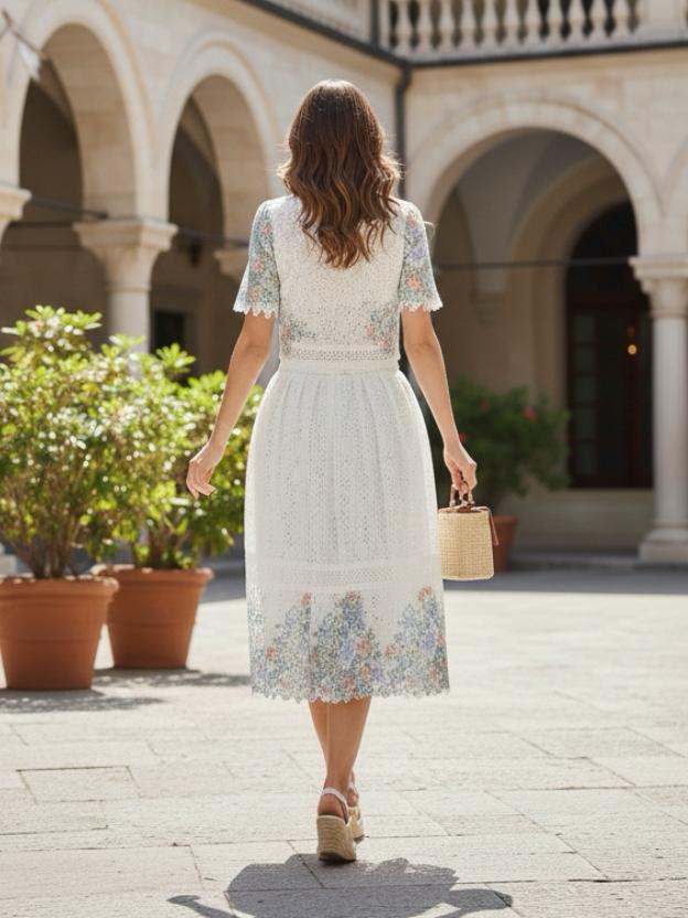 Floral Eyelet Lace Two-Piece Skirt Set - Short Sleeve Crop Top & Midi Skirt