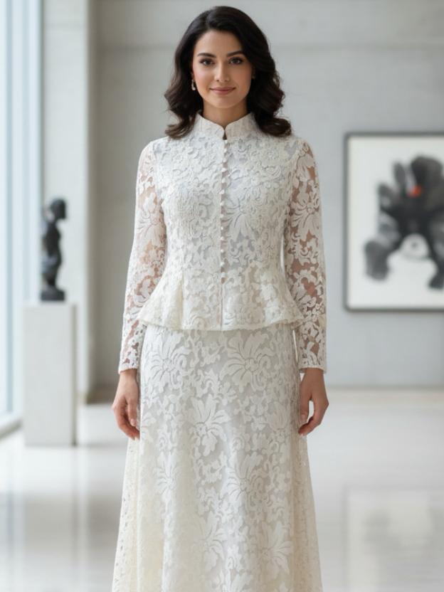 Elegant Lace Peplum Top and A-Line Midi Skirt Set with Mandarin Collar