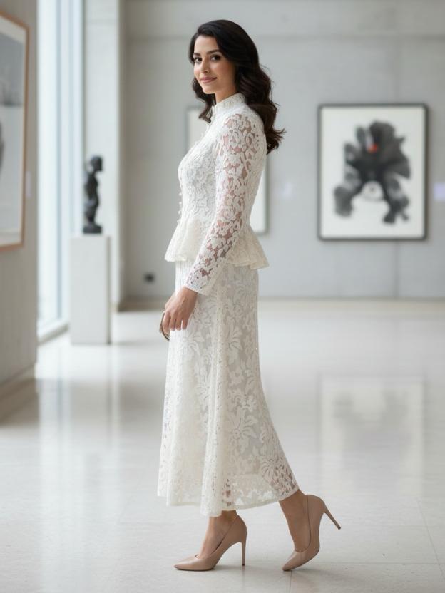 Elegant Lace Peplum Top and A-Line Midi Skirt Set with Mandarin Collar