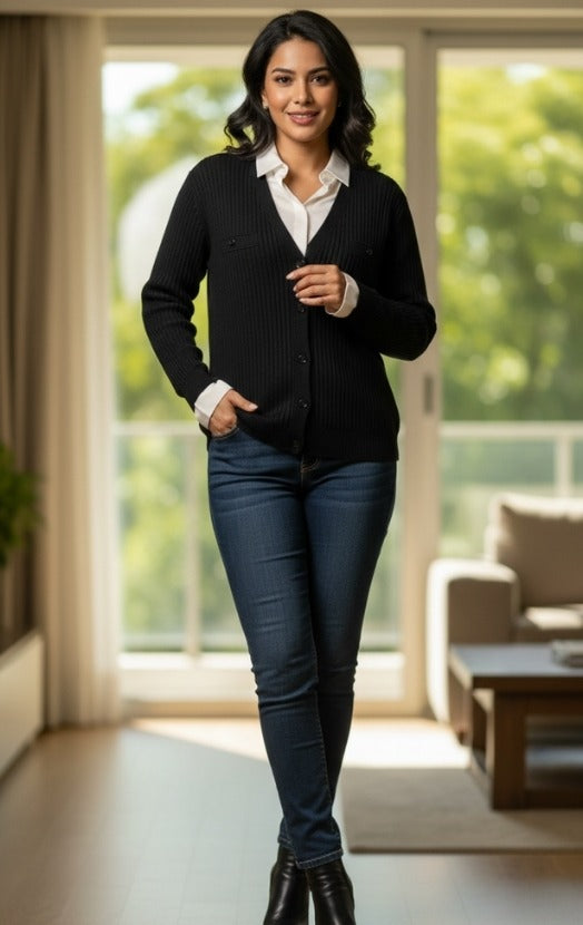 Women's Ribbed V-Neck Button-Down Cardigan – Soft Knit Lightweight Sweater