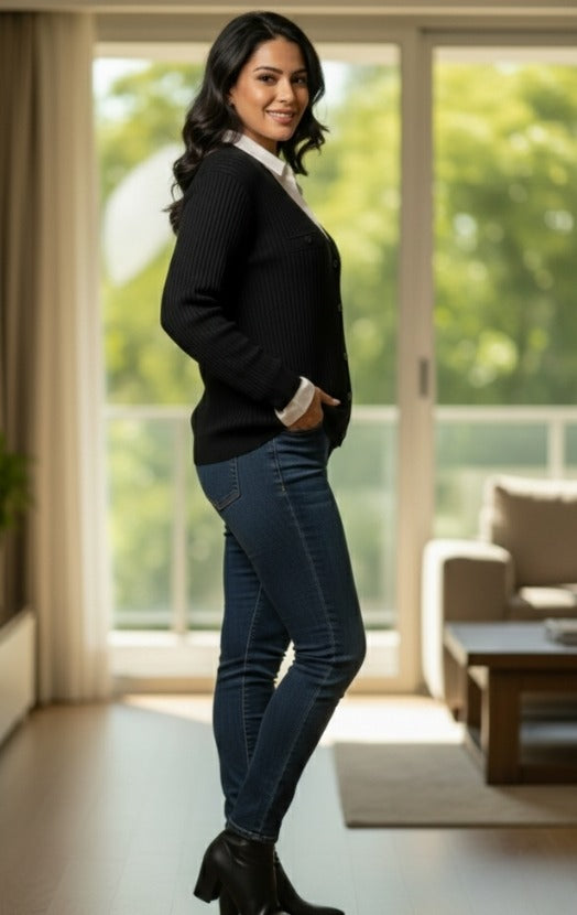 Women's Ribbed V-Neck Button-Down Cardigan – Soft Knit Lightweight Sweater