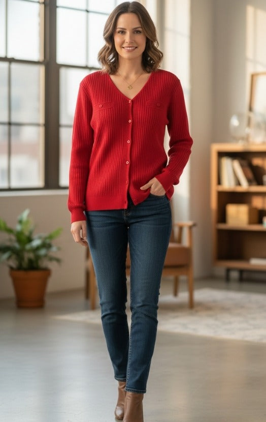 Women's Ribbed V-Neck Button-Down Cardigan – Soft Knit Lightweight Sweater
