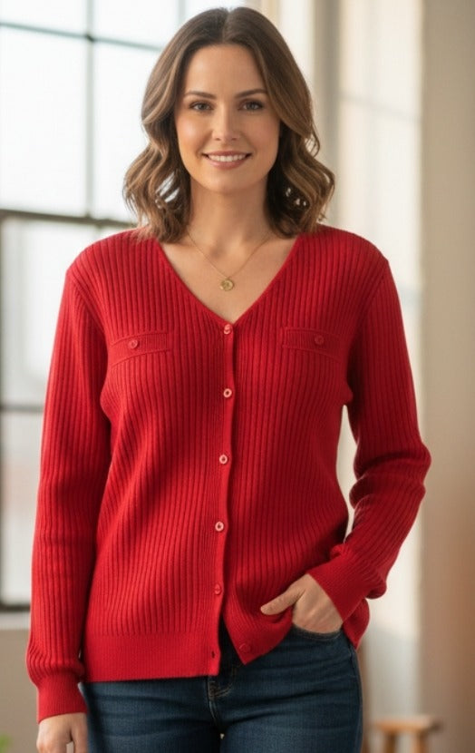 Women's Ribbed V-Neck Button-Down Cardigan – Soft Knit Lightweight Sweater