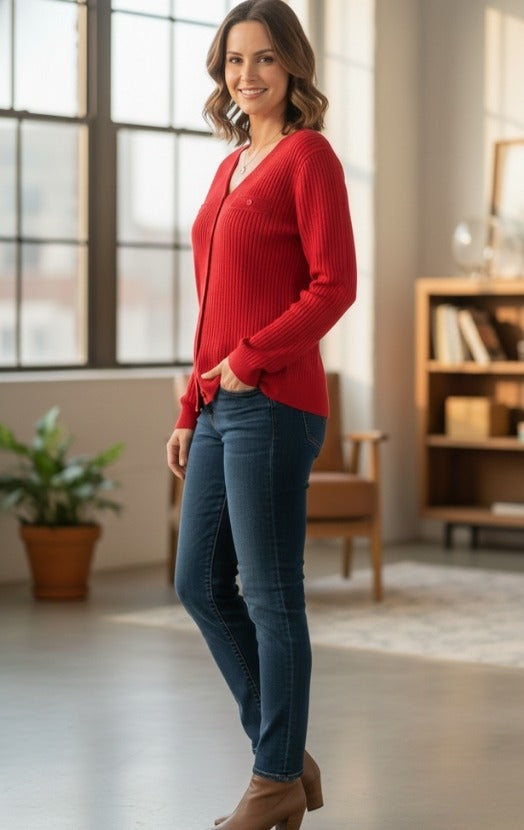 Women's Ribbed V-Neck Button-Down Cardigan – Soft Knit Lightweight Sweater