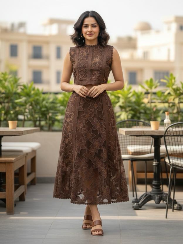 Women’s Party Co-Ord Set | Sleeveless Crop Top with Flared Midi Skirt