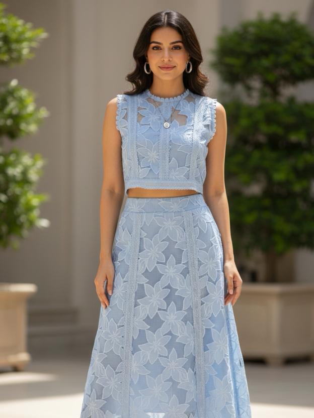 Women’s Party Co-Ord Set | Sleeveless Crop Top with Flared Midi Skirt