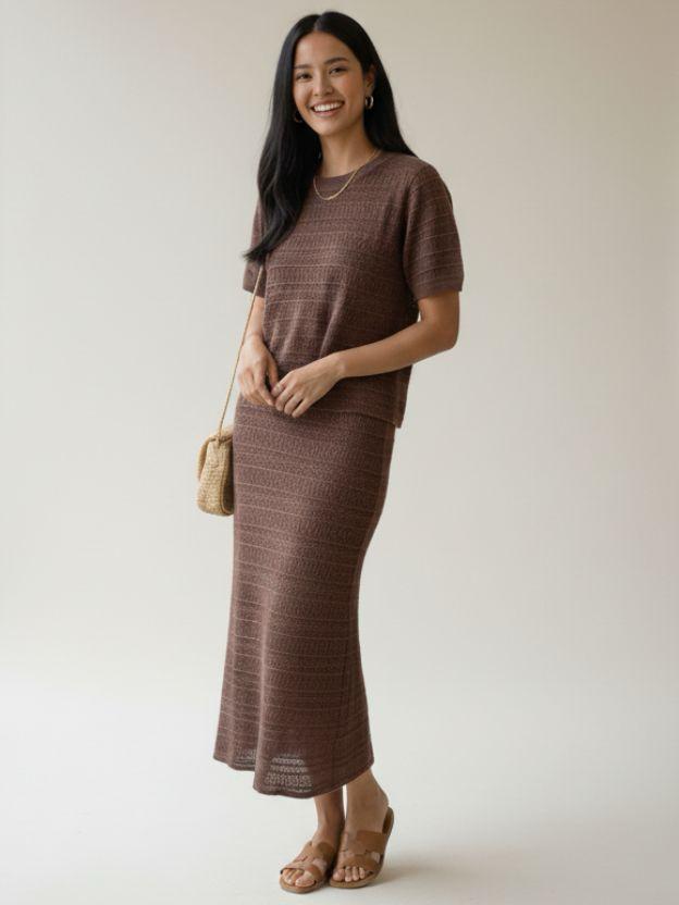 Women's Ribbed Knit Two-Piece Set – Matching Short-Sleeve Top and Maxi Skirt Co-Ord