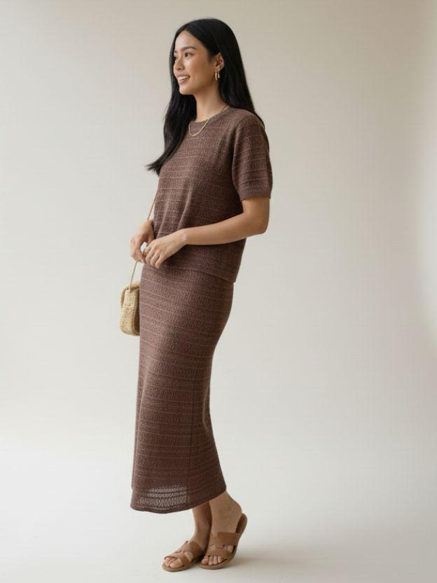 Women's Ribbed Knit Two-Piece Set – Matching Short-Sleeve Top and Maxi Skirt Co-Ord