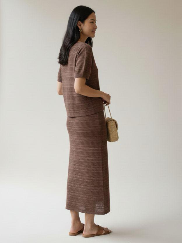 Women's Ribbed Knit Two-Piece Set – Matching Short-Sleeve Top and Maxi Skirt Co-Ord
