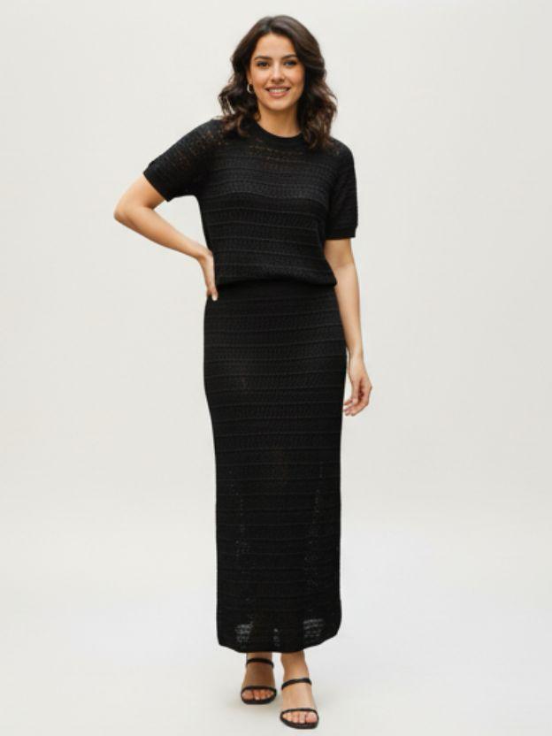 Women's Ribbed Knit Two-Piece Set – Matching Short-Sleeve Top and Maxi Skirt Co-Ord
