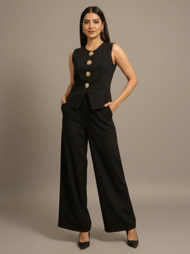 Elegant Two-Piece Vest and Wide Leg Pant Set - Sleeveless Button-Down Waistcoat and High-Waisted Trousers Co-ord Suit