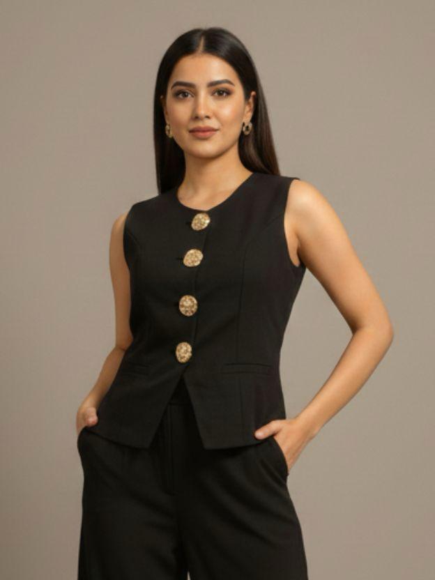 Elegant Two-Piece Vest and Wide Leg Pant Set - Sleeveless Button-Down Waistcoat and High-Waisted Trousers Co-ord Suit