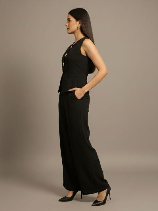 Elegant Two-Piece Vest and Wide Leg Pant Set - Sleeveless Button-Down Waistcoat and High-Waisted Trousers Co-ord Suit