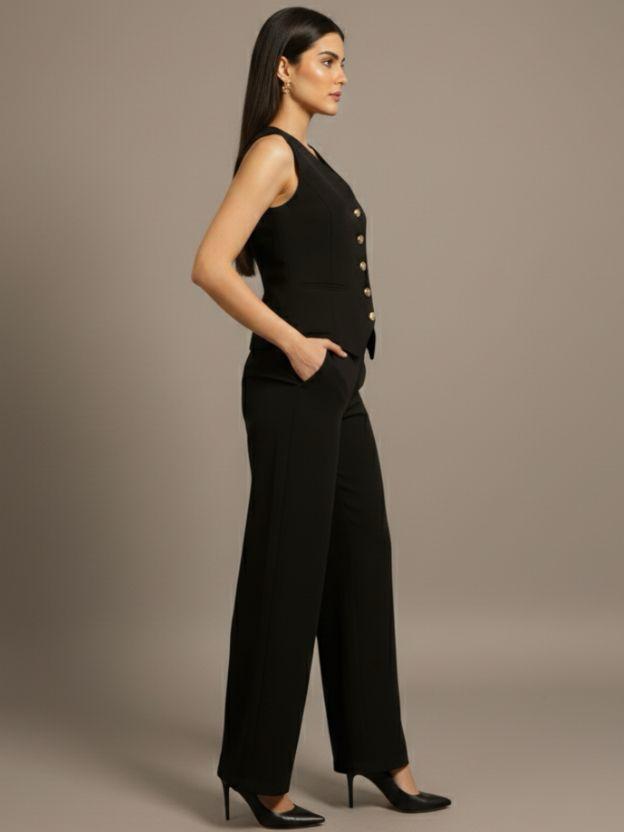 Elegant Two-Piece Vest and Wide Leg Pant Set - Sleeveless Button-Down Waistcoat and High-Waisted Trousers Co-ord Suit