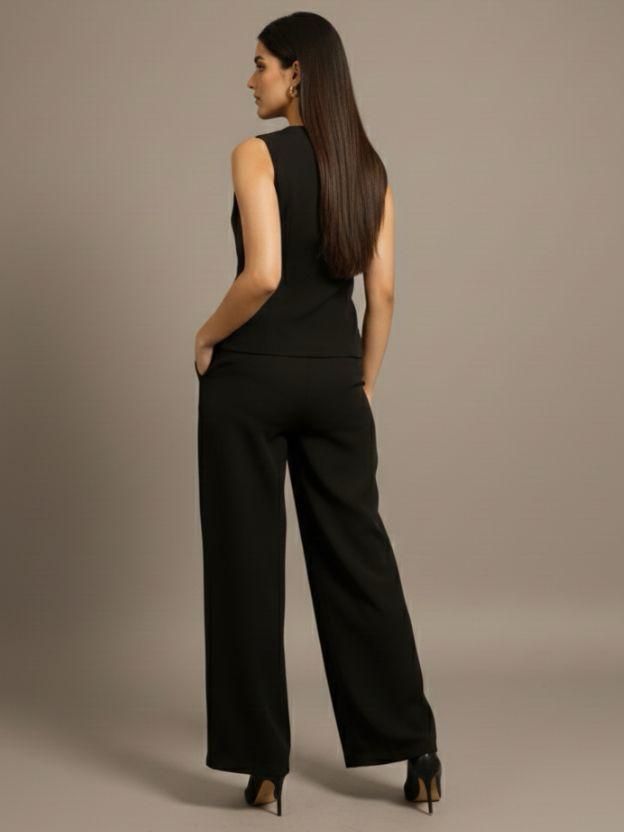 Elegant Two-Piece Vest and Wide Leg Pant Set - Sleeveless Button-Down Waistcoat and High-Waisted Trousers Co-ord Suit