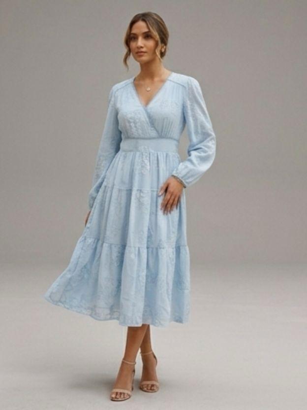 Floral Jacquard Tiered Midi Dress with Puff Sleeves