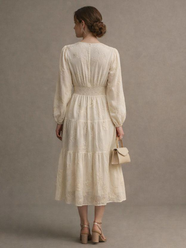 Floral Jacquard Tiered Midi Dress with Puff Sleeves