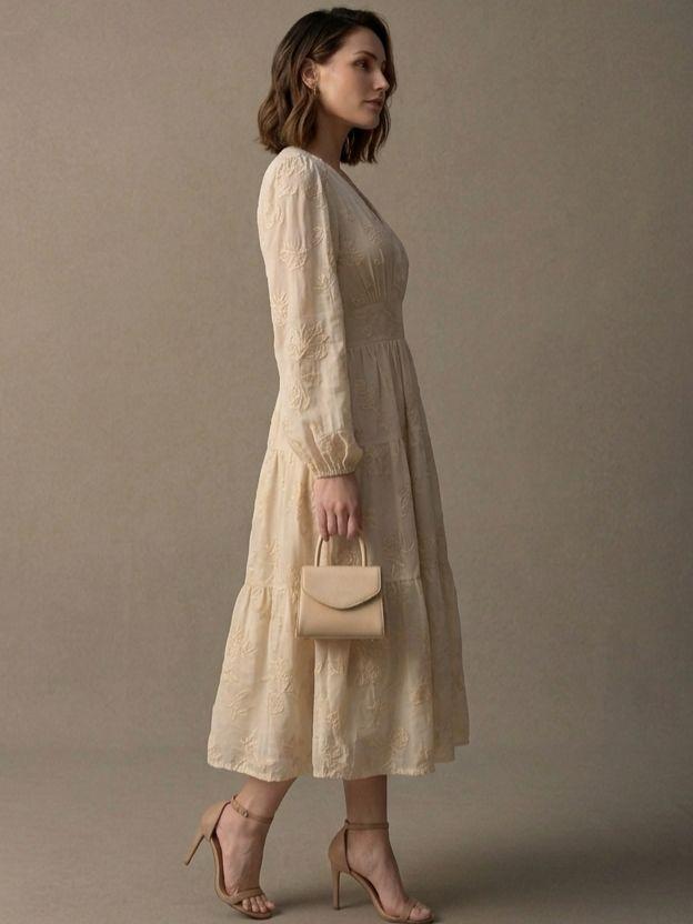 Floral Jacquard Tiered Midi Dress with Puff Sleeves