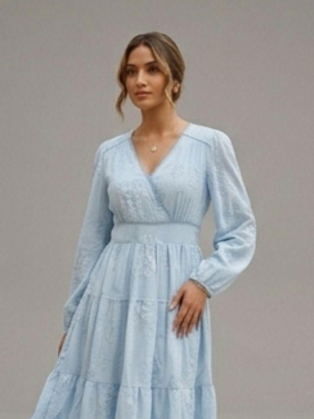 Floral Jacquard Tiered Midi Dress with Puff Sleeves