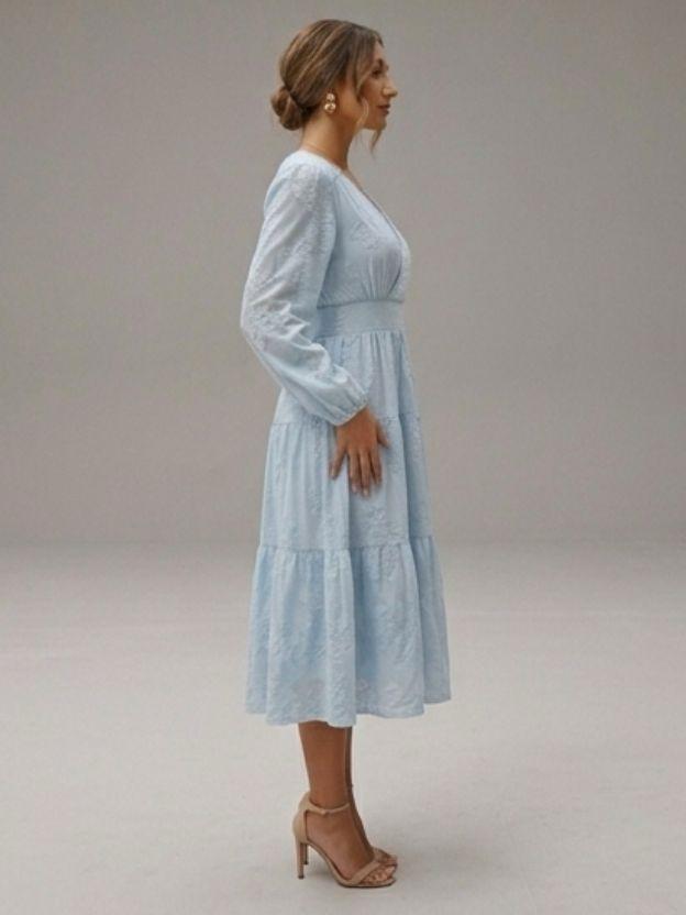 Floral Jacquard Tiered Midi Dress with Puff Sleeves
