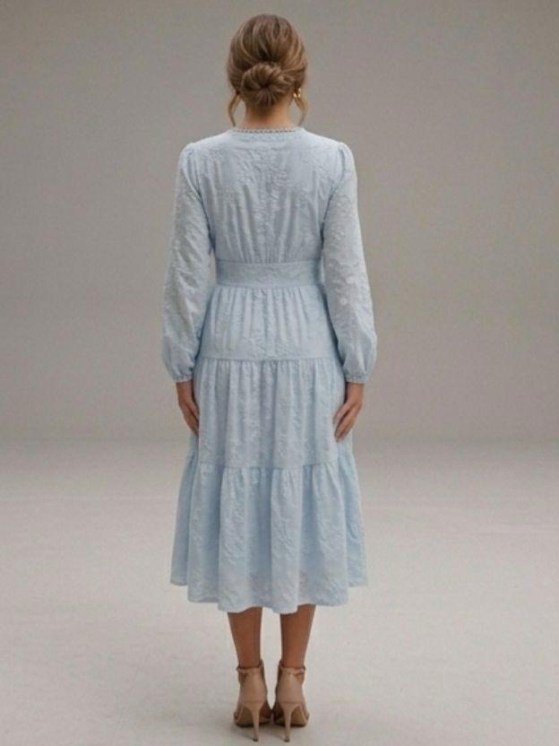 Floral Jacquard Tiered Midi Dress with Puff Sleeves