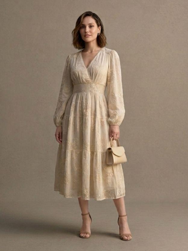 Floral Jacquard Tiered Midi Dress with Puff Sleeves