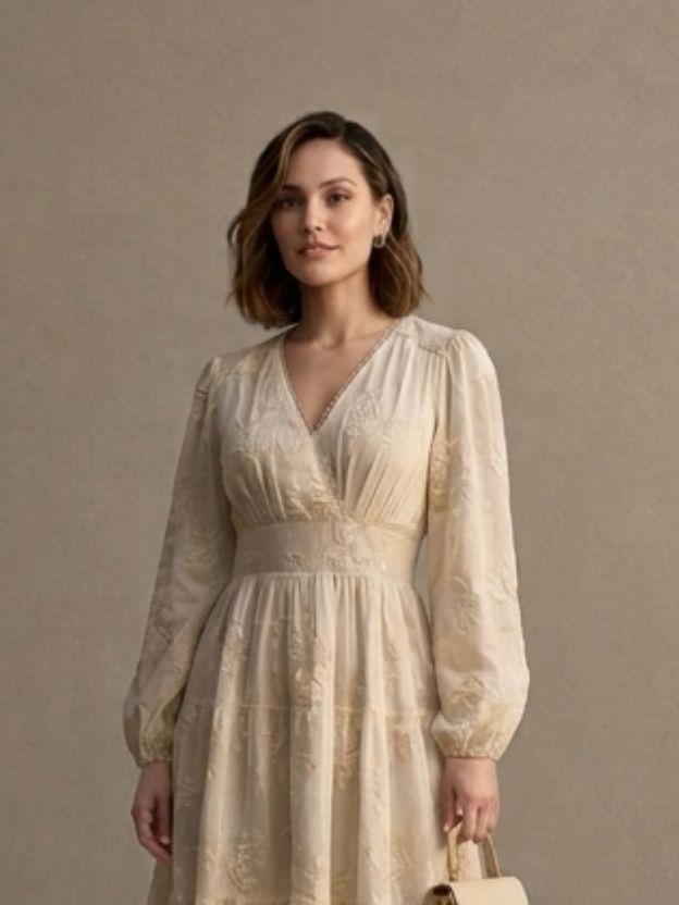Floral Jacquard Tiered Midi Dress with Puff Sleeves