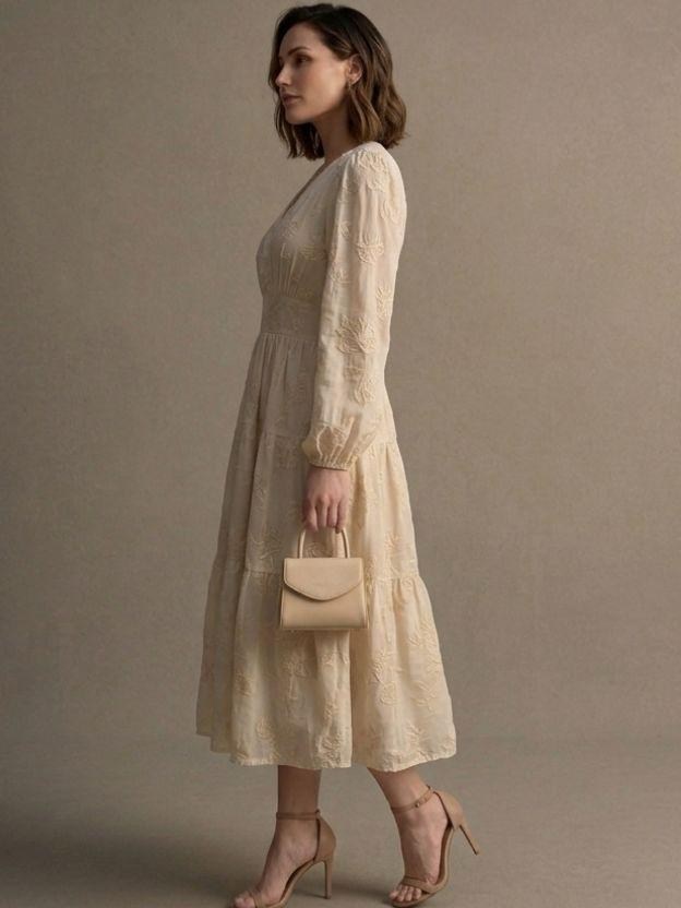 Floral Jacquard Tiered Midi Dress with Puff Sleeves