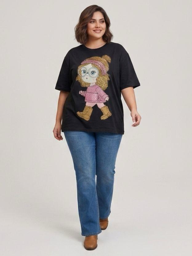 Oversized Sequin Patched Graphic Tee - Plus Size Streetwear T-Shirt
