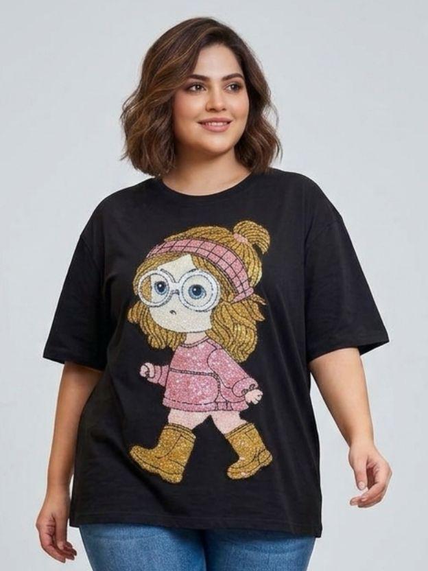 Oversized Sequin Patched Graphic Tee - Plus Size Streetwear T-Shirt