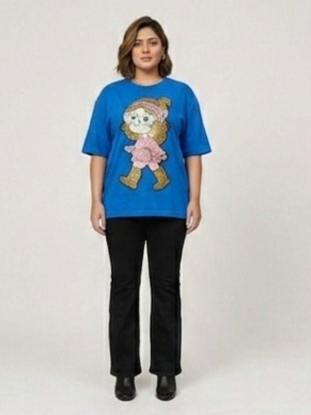 Oversized Sequin Patched Graphic Tee - Plus Size Streetwear T-Shirt