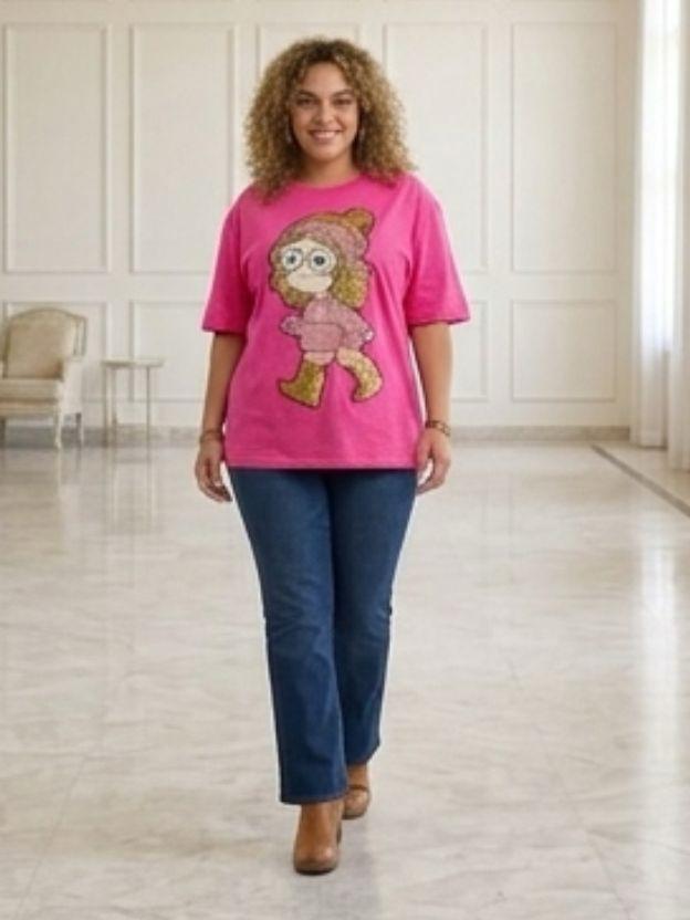Oversized Sequin Patched Graphic Tee - Plus Size Streetwear T-Shirt