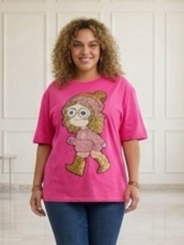 Oversized Sequin Patched Graphic Tee - Plus Size Streetwear T-Shirt