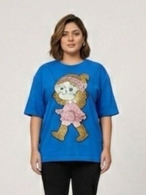 Oversized Sequin Patched Graphic Tee - Plus Size Streetwear T-Shirt
