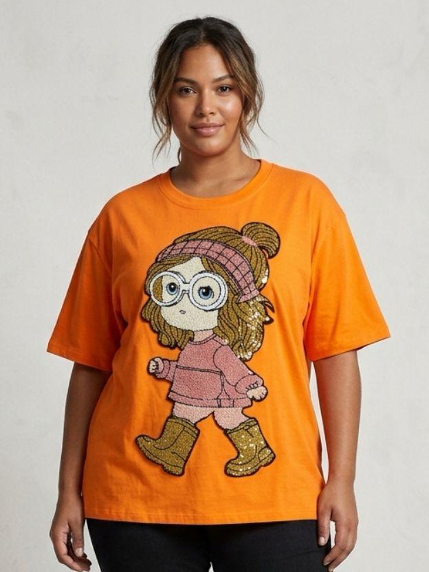 Oversized Sequin Patched Graphic Tee - Plus Size Streetwear T-Shirt