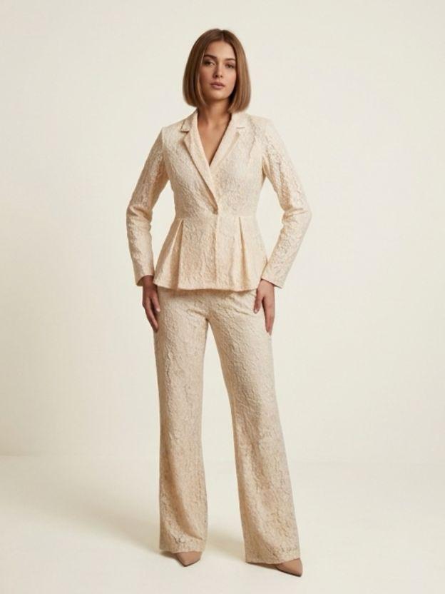 Elegant Lace Peplum Blazer and Wide Leg Pant Set - 2 Piece Formal Power Suit