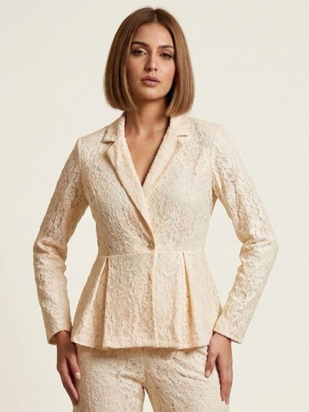 Elegant Lace Peplum Blazer and Wide Leg Pant Set - 2 Piece Formal Power Suit