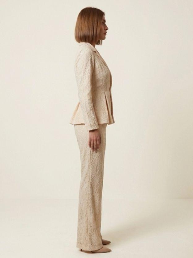 Elegant Lace Peplum Blazer and Wide Leg Pant Set - 2 Piece Formal Power Suit