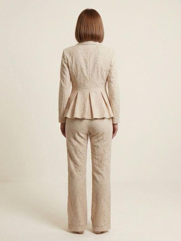 Elegant Lace Peplum Blazer and Wide Leg Pant Set - 2 Piece Formal Power Suit